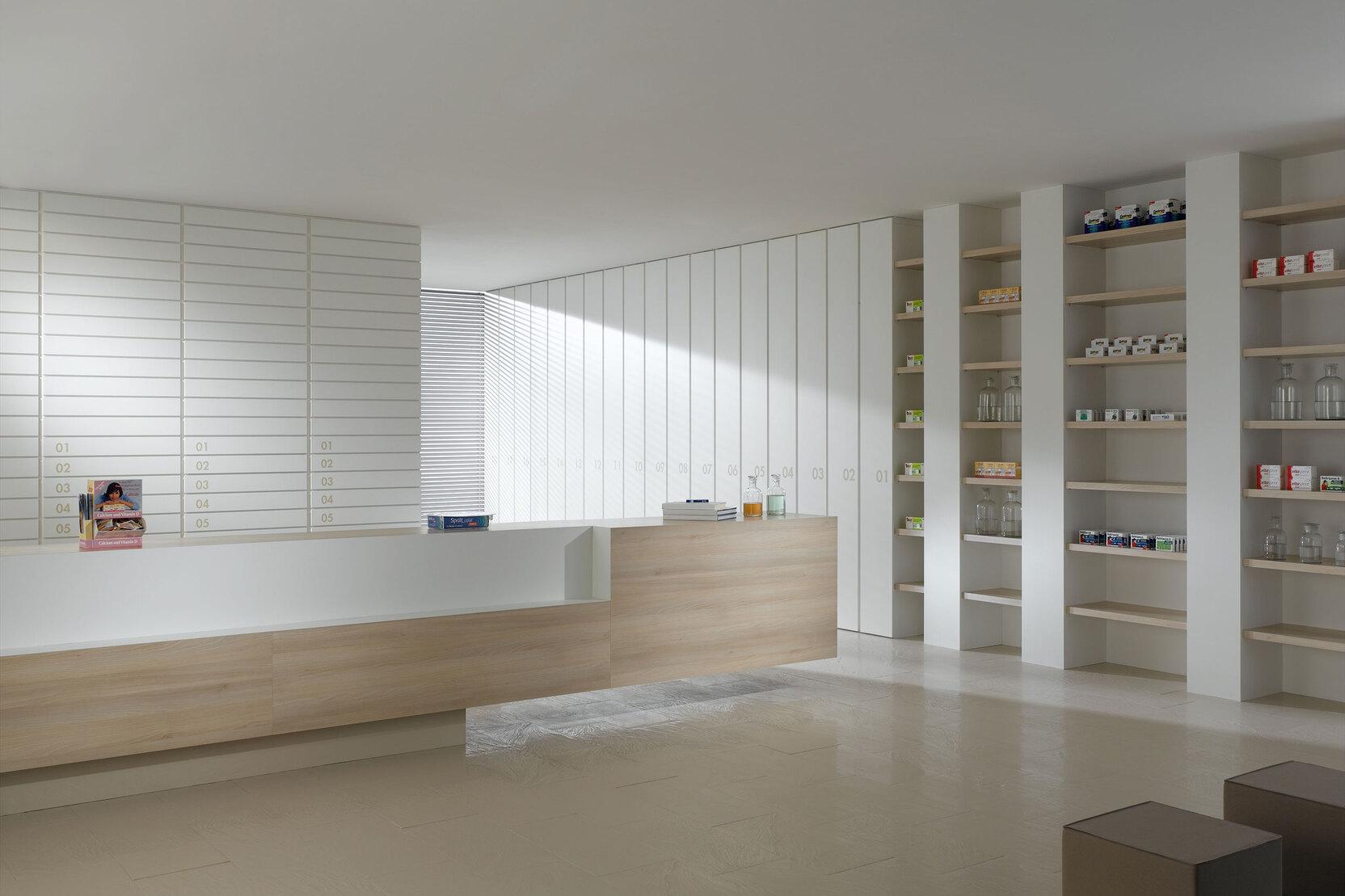 Impressionen einer Apothekeneinrichtung Impressionen einer Apothekeneinrichtung mit hellen Holzmöbeln und geräumigem Regalsystem, sowie aufgeräumten Empfang.